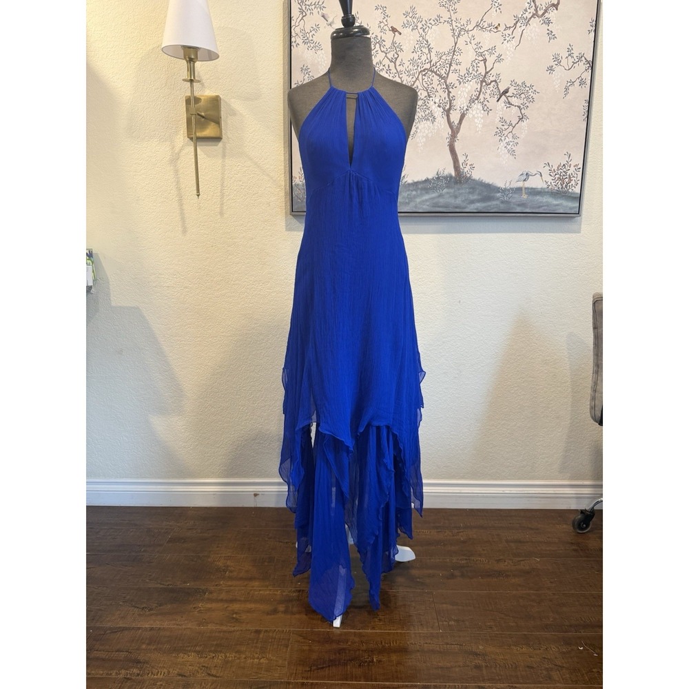 Jill Stuart Silk Blue Halter Layered Ruffle Long Dress Sleeveless L Y2K‎